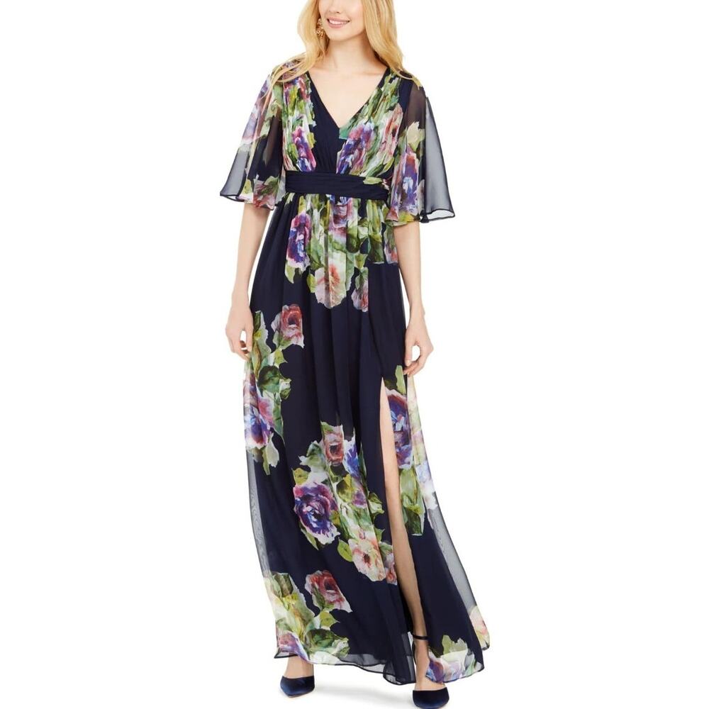 Adrianna Papell Navy Floral Chiffon Forma Maxi Dress Size 4 Evening Gown